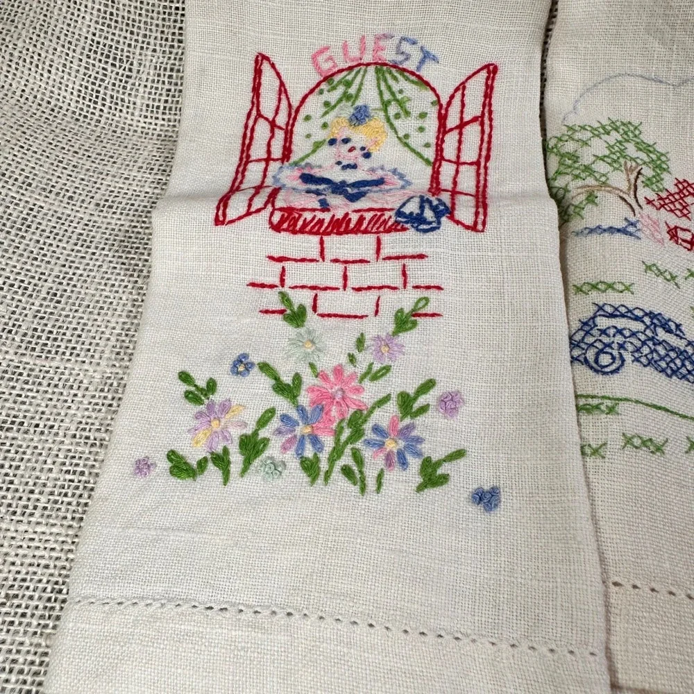 Hand Embroidered Linen Hand Towels Set of 3‎ Welcome Guest Cottagecore 12x18 vtg